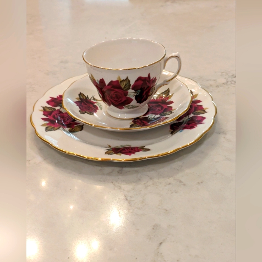 Red Rose Trio - Teacup, Saucer And Tea Plate.